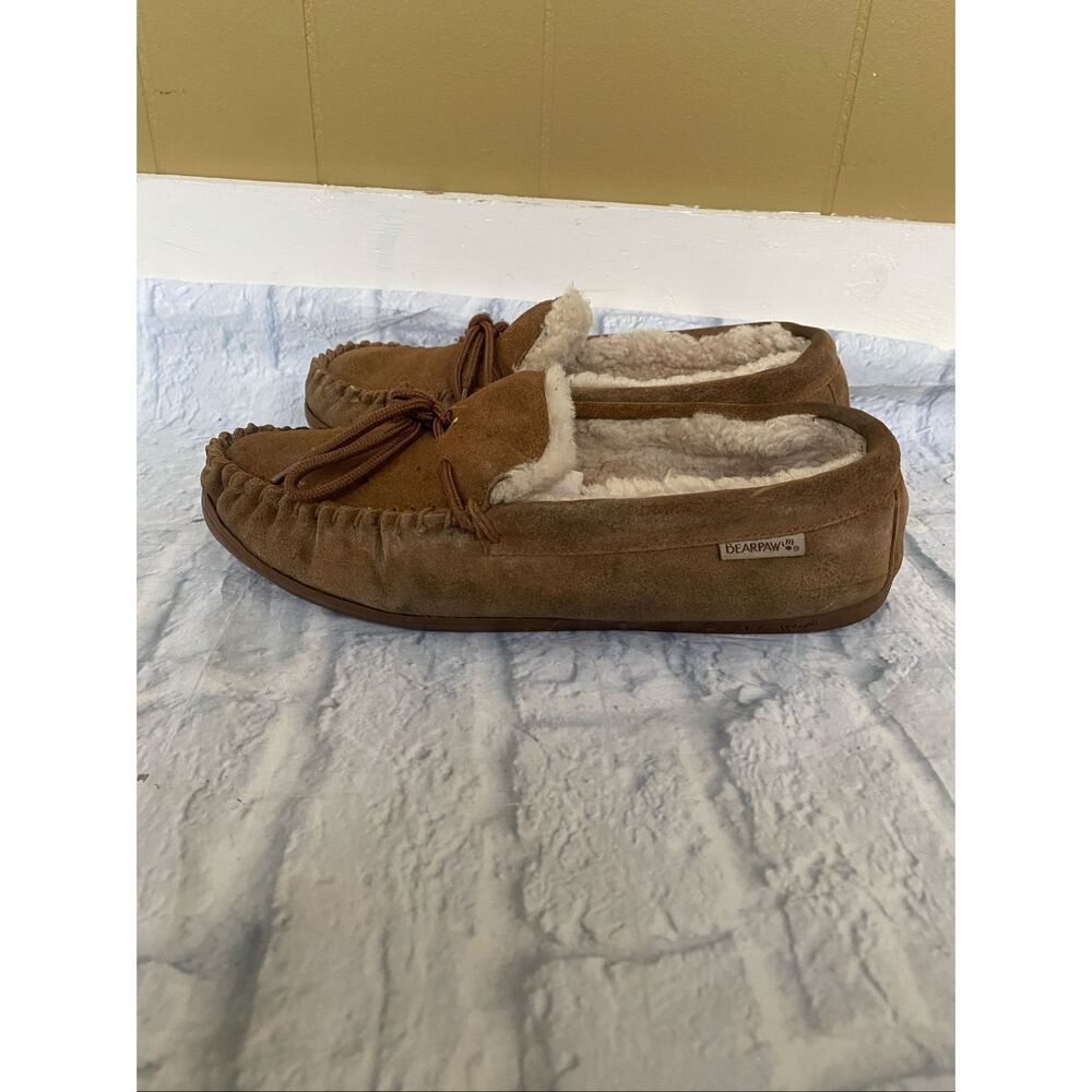 Bearpaw men 13 suede slip on moccasins w/front tie tan